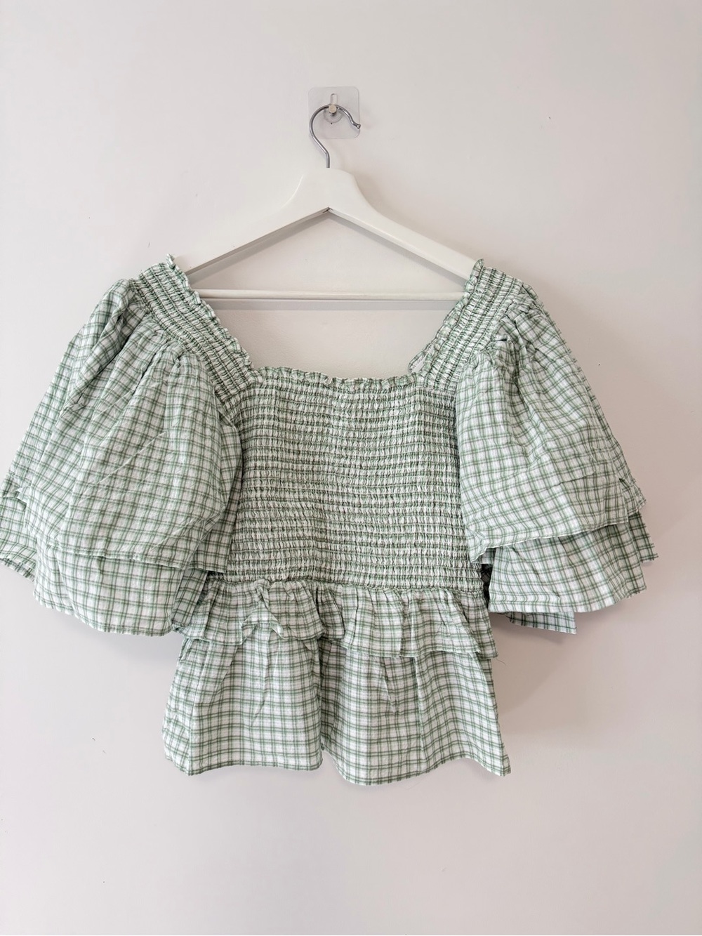 Smocked Puff-Sleeve Peplum Blouse - Sage Green Check.